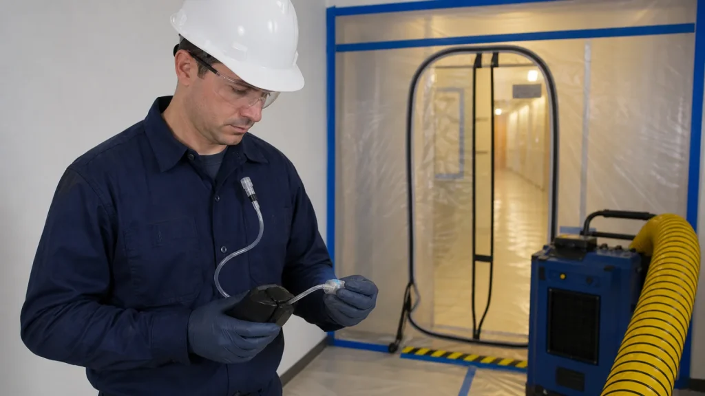 Industrial hygiene technician checking air monitoring equipment outside containment