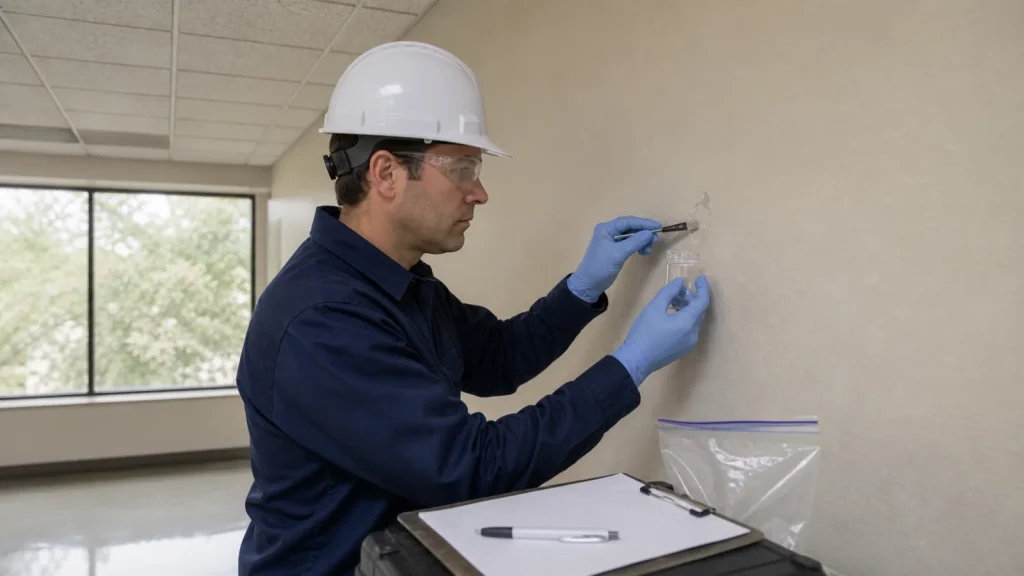 Industrial hygiene inspector collecting a controlled building material sample