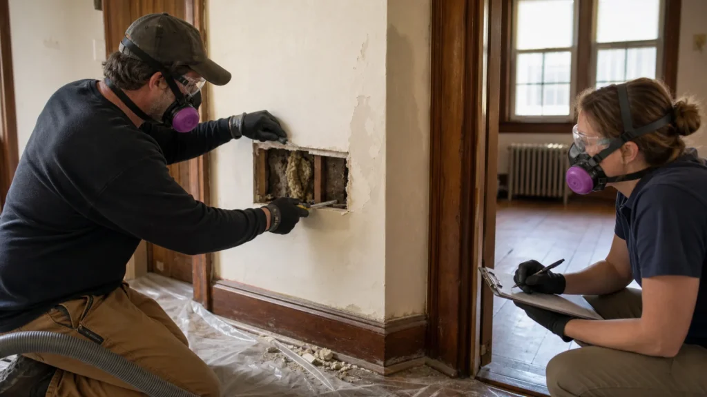 Worker and industrial hygiene inspector performing a controlled wall opening in an older home