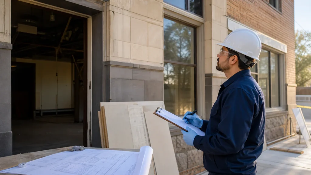 Industrial hygiene inspector planning an asbestos survey before renovation