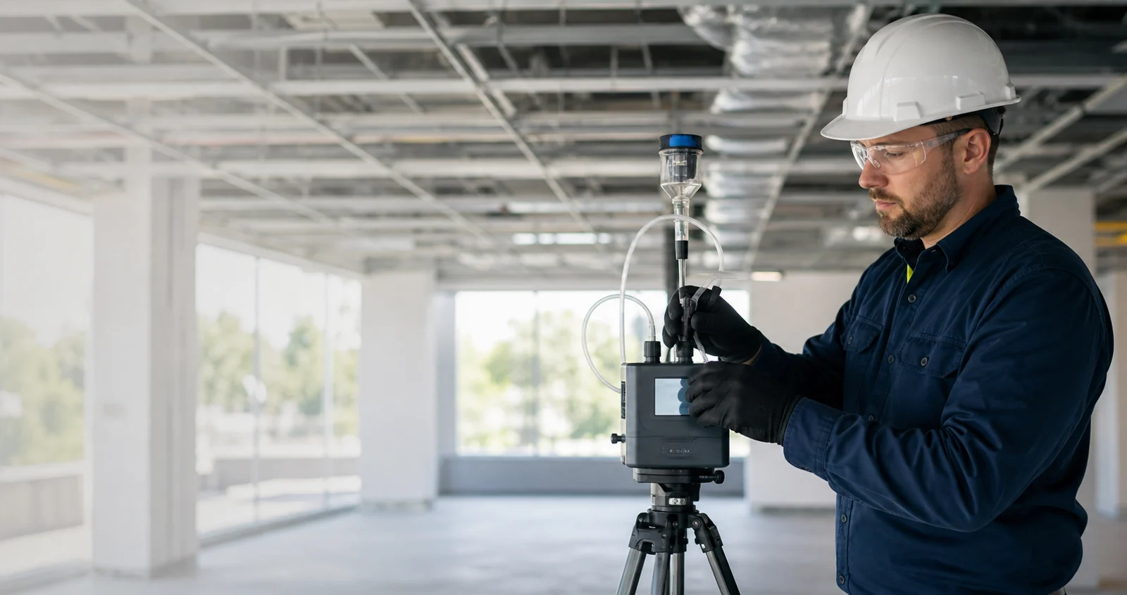 Industrial hygiene consultant collecting an air sample inside a building